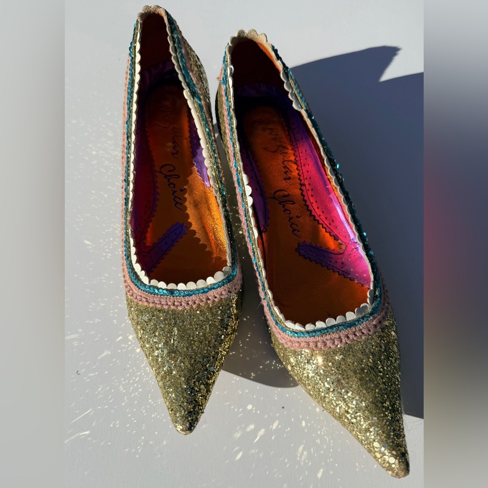 Irregular Choice Golden Glitter Pointed Toe Kitten Heels Sz 40